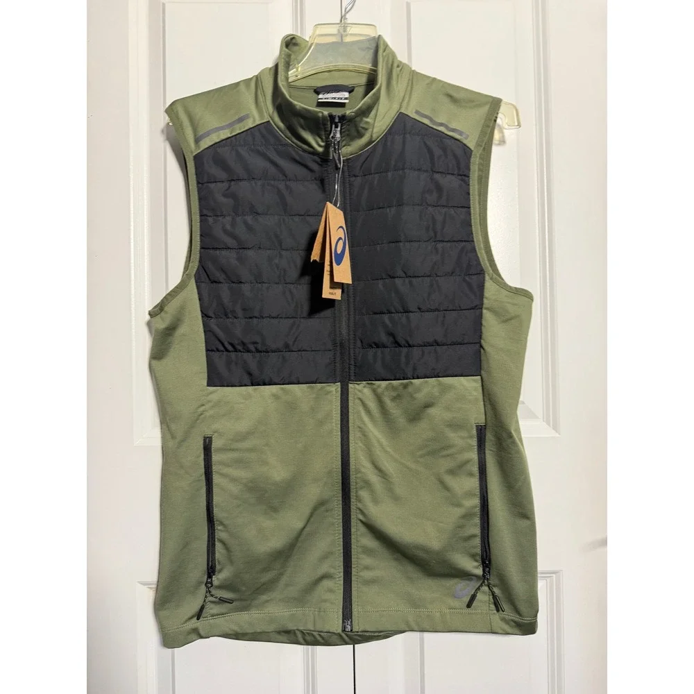 Asics Knit Vest Mens Small Green New AMXMVT2921 Quilted Full Zip Reflective